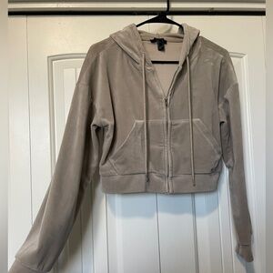 Forever 21 Cropped Velour Zip-Up Hoodie | Beige/Tan, Soft & Cozy